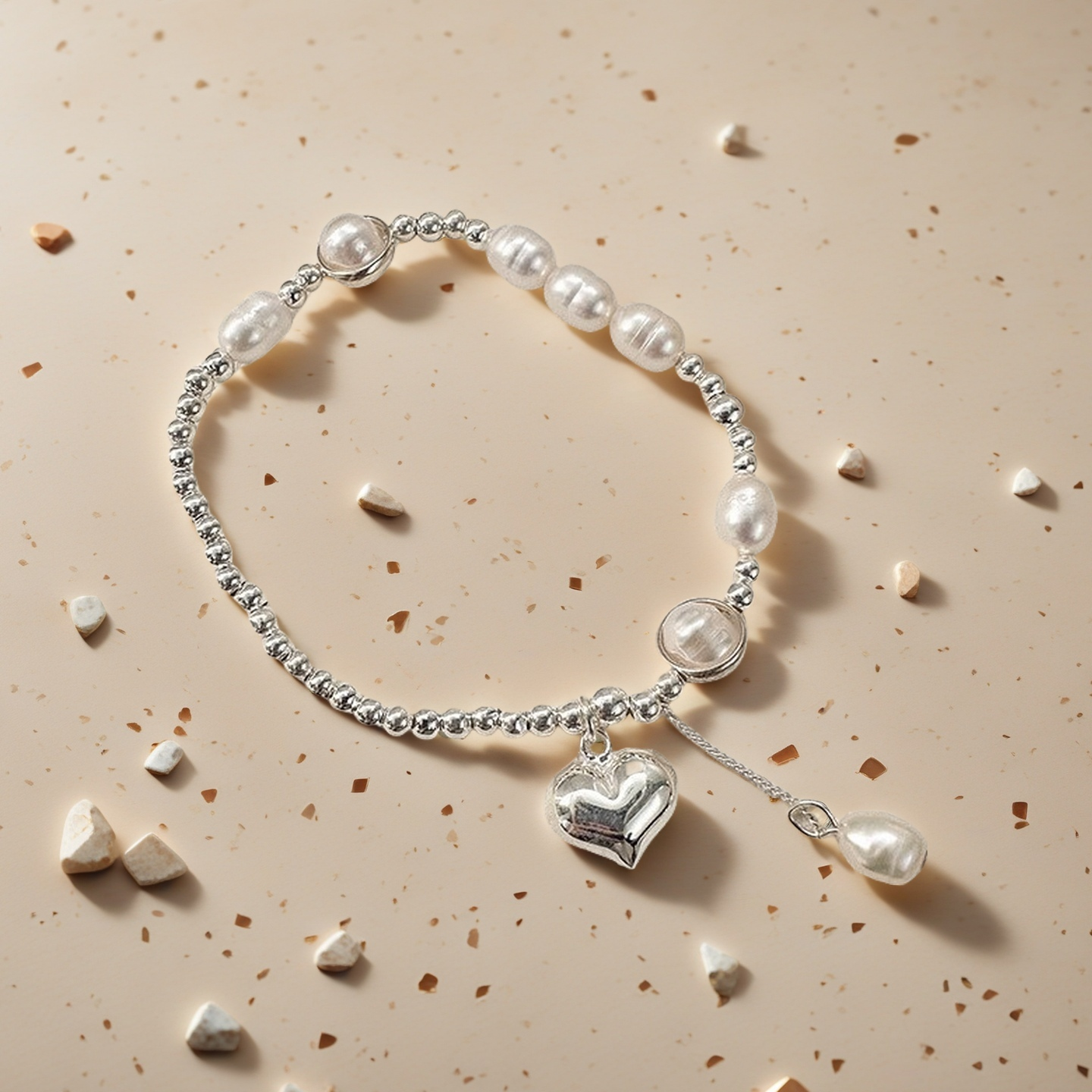 ORIA Sterling Silver & Pearl Heart Bracelet