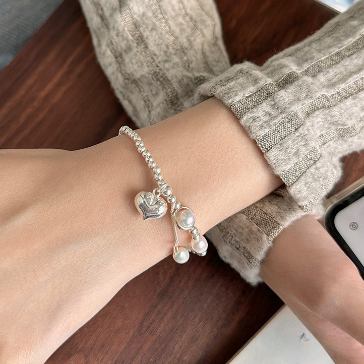 ORIA Sterling Silver & Pearl Heart Bracelet