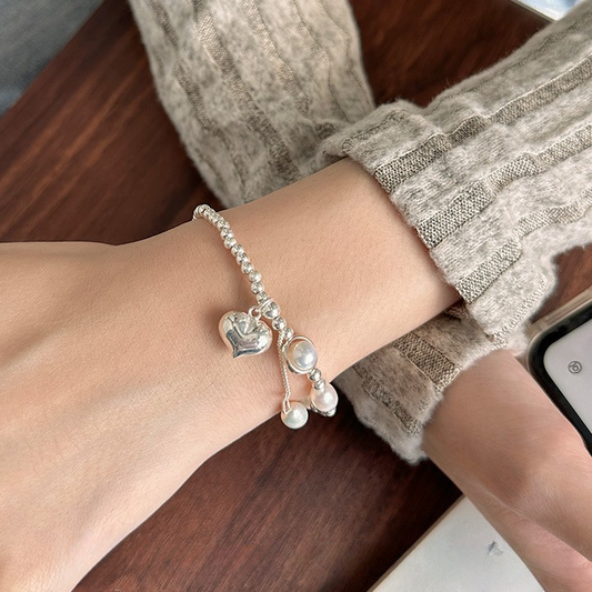 ORIA Sterling Silver & Pearl Heart Bracelet